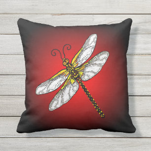 Dragonfly on Red Background Outdoor Pillow