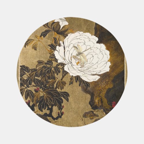 Dragonfly On Vintage Botanical Gold Japanese Peony Outdoor Rug