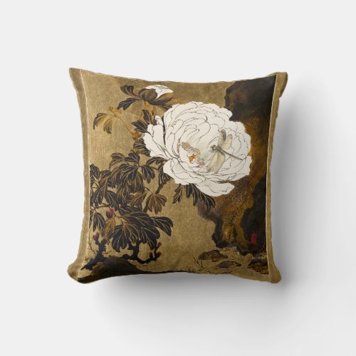 Dragonfly On Vintage Botanical Gold Japanese Peony Throw Pillow