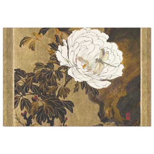 Dragonfly On Vintage Botanical Gold Japanese Peony Tissue Paper