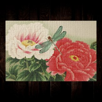 Dragonfly on Vintage Botanical Japanese Peonies