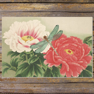 Dragonfly on Vintage Botanical Japanese Peonies