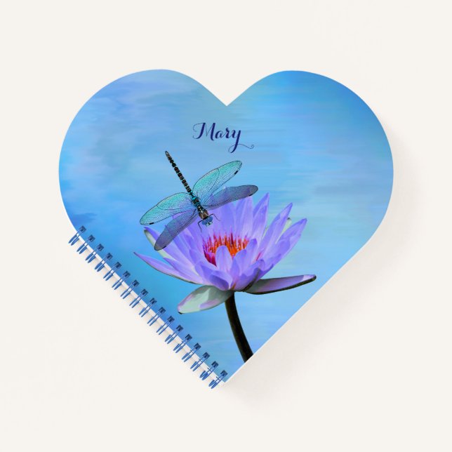 Dragonfly on Water Lily Heart Shaped Notebook (Front)