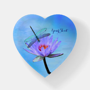 Dragonfly on Water Lily Heart Shaped Paperweight