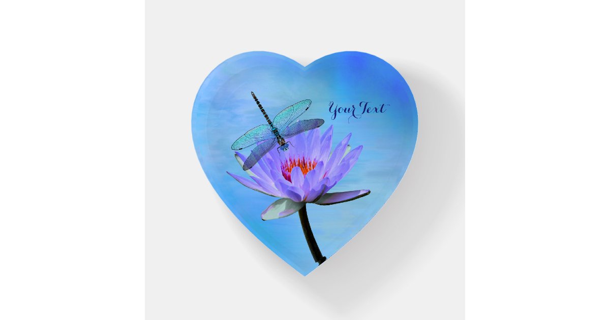 Dragonfly on Water Lily Heart Shaped Paperweight | Zazzle
