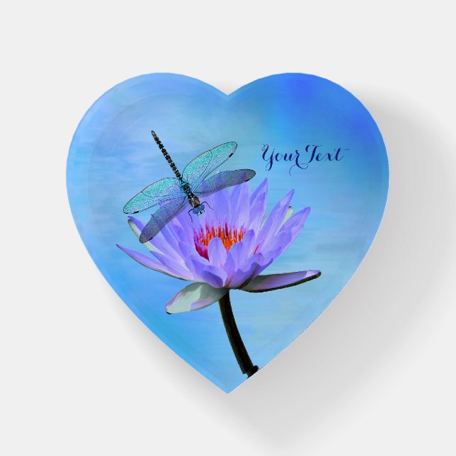 Dragonfly on Water Lily Heart Shaped Paperweight (Front)