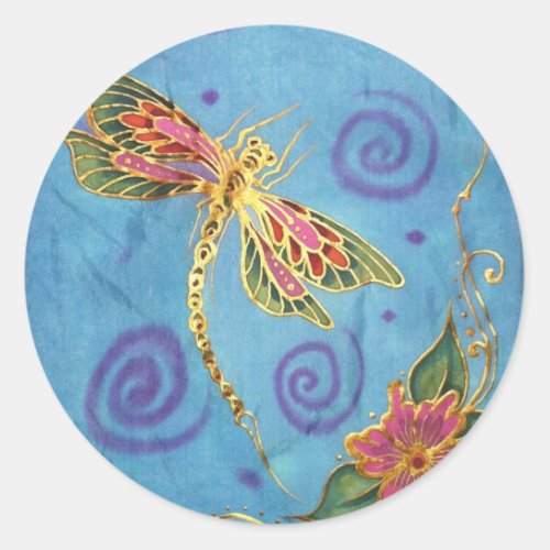 Dragonfly original hand painted silk by Cyn MC Classic Round Sticker