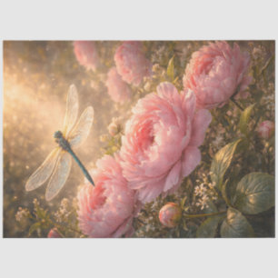 Dragonfly Over Pink Peonies Spring Garden Tissue Paper