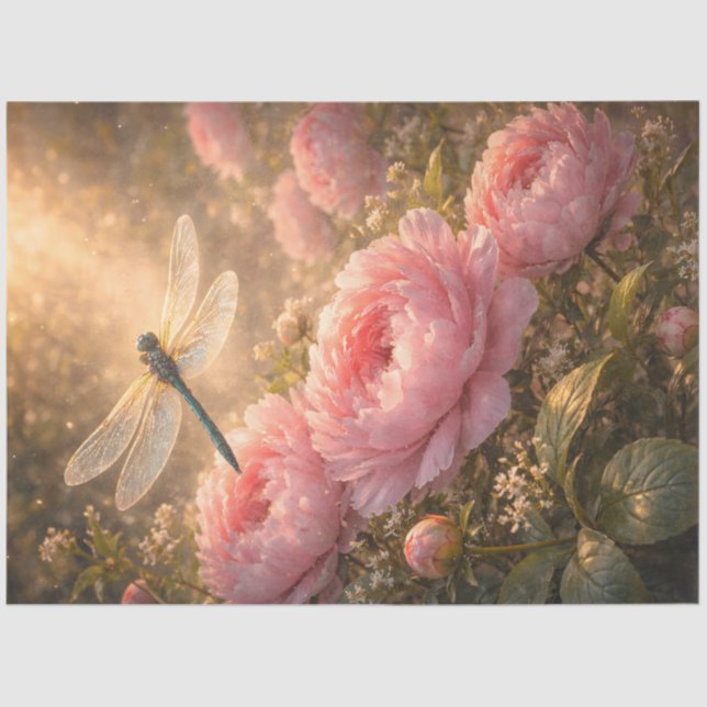 Dragonfly Over Pink Peonies Spring Garden  Tissue Paper (Front)