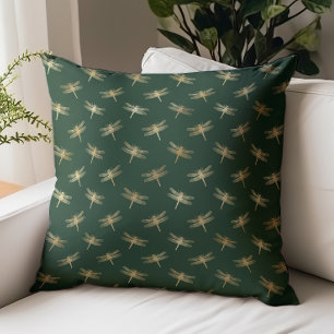 Dragonfly Pattern Gold Emerald Green Throw Pillow