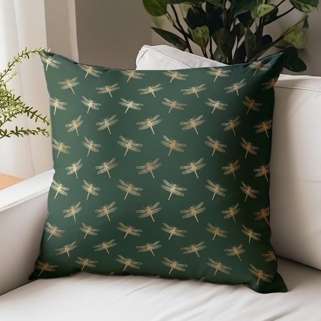 Dragonfly Pattern Gold Emerald Green Throw Pillow (Creator Uploaded)