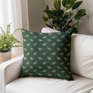 Dragonfly Pattern Gold Emerald Green Throw Pillow