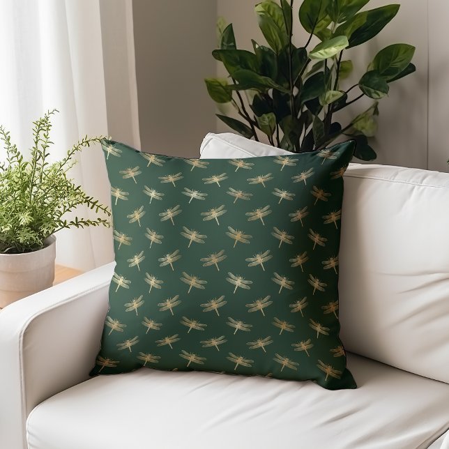 Dragonfly Pattern Gold Emerald Green Throw Pillow (Creator Uploaded)