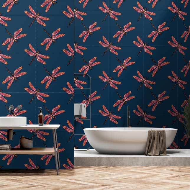 Dragonfly Pattern on Midnight Blue Wallpaper (Bathroom)