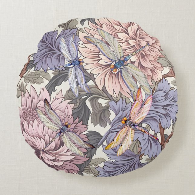 Dragonfly Peony Pink Light Purple French Floral Round Pillow (Front)
