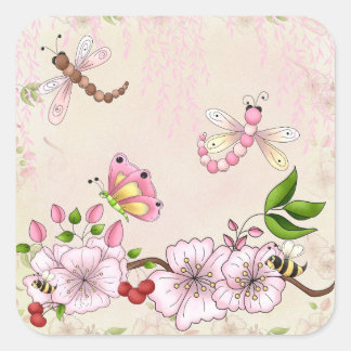 Dragonfly Pink Cherry Blossom Story Illustration Square Sticker