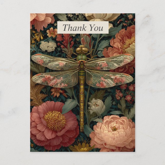 Dragonfly & Pink Flowers Thank You Card (Front)