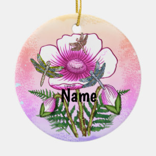 Dragonfly Pink Poppy Ceramic Ornament