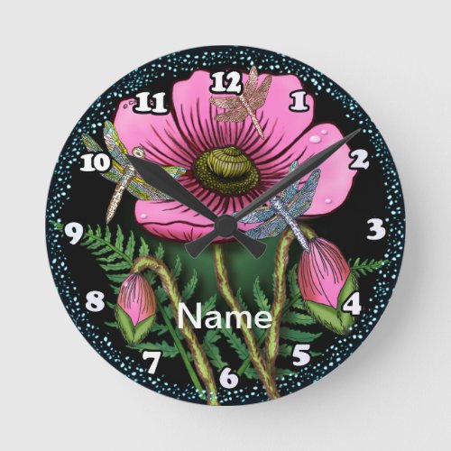 Dragonfly pink Poppy flowers Round Clock