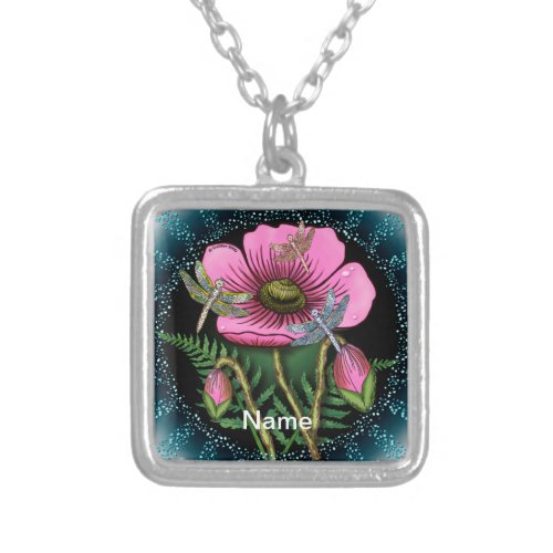 Dragonfly pink Poppy flowers Silver Plated Necklace