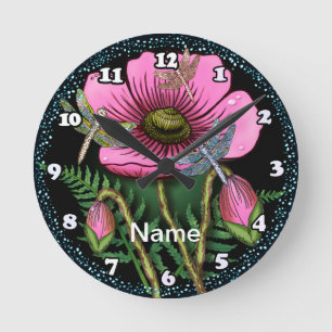 Dragonfly pink Poppy Round Clock