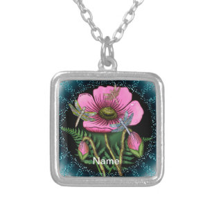 Dragonfly pink Poppy Silver Plated Necklace
