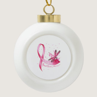 Dragonfly Pink Ribbon Breast Cancer Awareness Ceramic Ball Christmas Ornament
