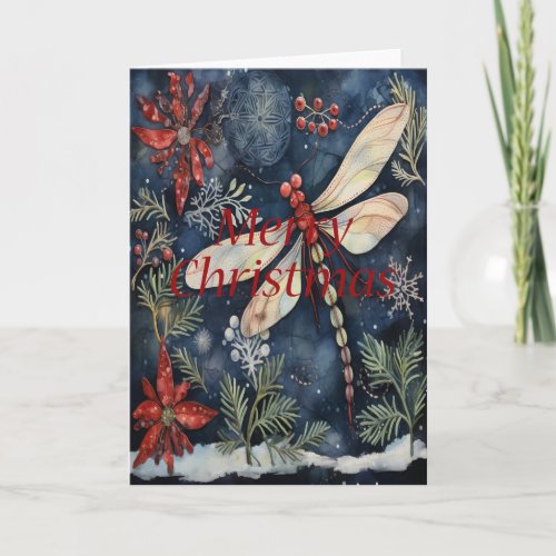 Dragonfly Poinsettia Berries Blue Christmas Card
