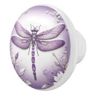Dragonfly Purple and White Floral Art Ceramic Knob