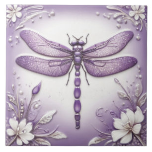 Dragonfly Purple and White Floral Art Ceramic Tile