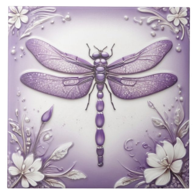 Dragonfly Purple and White Floral Art Ceramic Tile (Front)