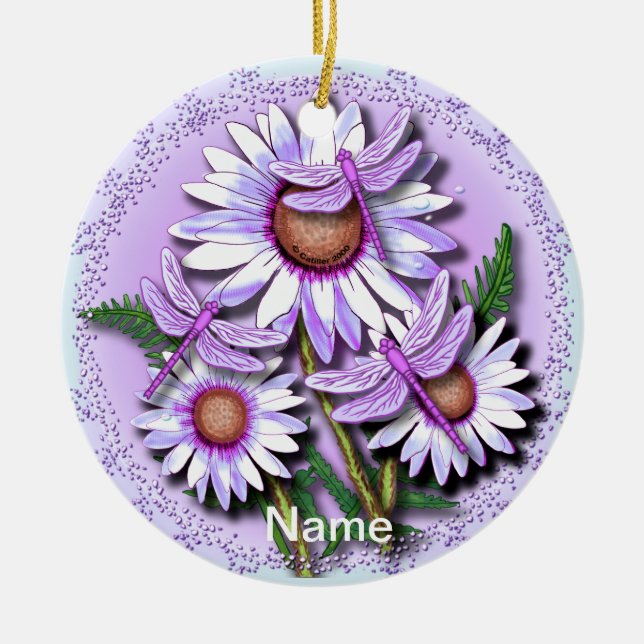 Dragonfly Purple Daisies  Ceramic Ornament (Front)