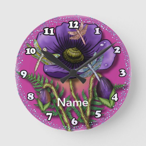 Dragonfly purple Poppy flowers Round Clock