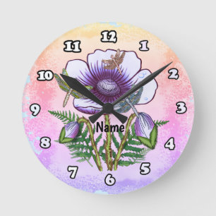 Dragonfly Purple Poppy Round Clock