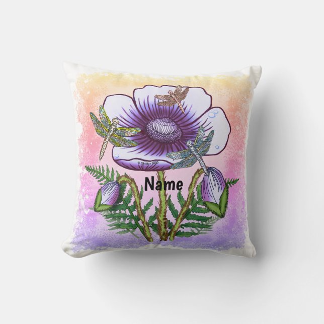 Dragonfly Purple Poppy Throw Pillow (Front)