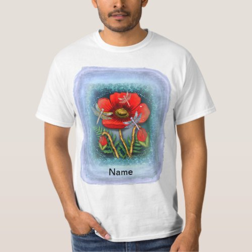 Dragonfly red Poppy flowers custom name T_Shirt