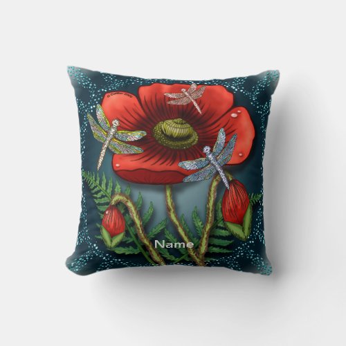 Dragonfly red Poppy flowers Throw Pillow