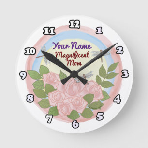 Dragonfly Roses Mom Round Clock