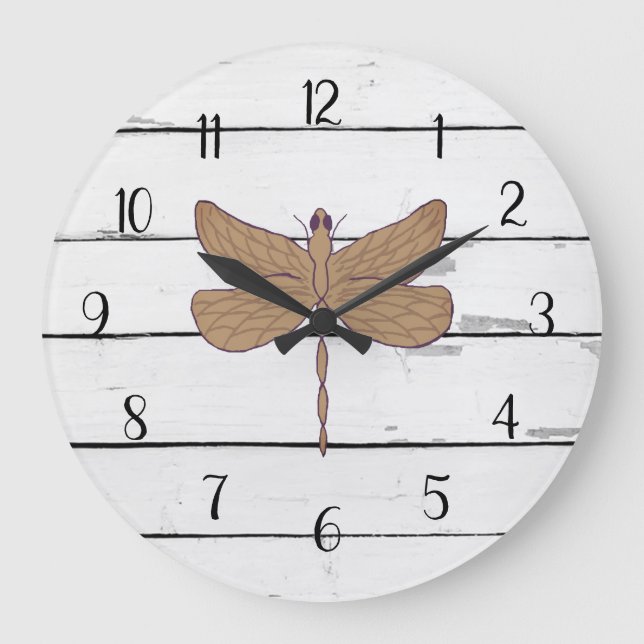 Dragonfly Rustic Shiplap Farmhouse Decor Large Clock (Front)
