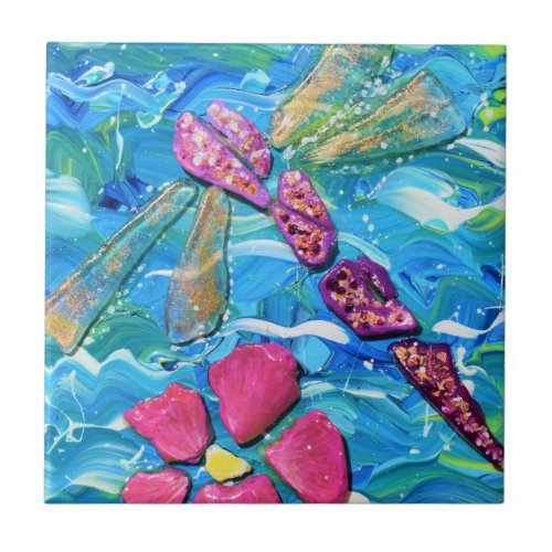 Dragonfly Sea Glass Mix Media Collage Ceramic Tile