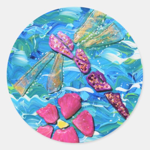 Dragonfly Sea Glass Mix Media Collage Classic Round Sticker