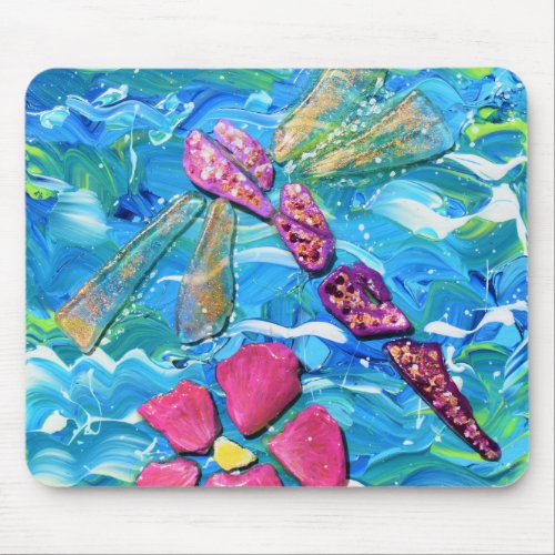 Dragonfly Sea Glass Mix Media Collage Mouse Pad