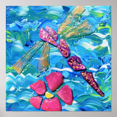 Dragonfly Sea Glass Mix Media Collage Poster