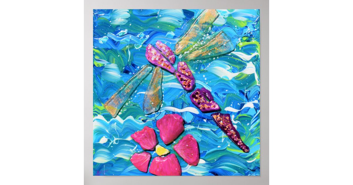 Dragonfly Sea Glass Mix Media Collage Poster Zazzle Com