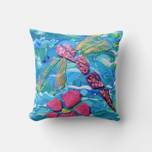 Dragonfly Sea Glass Mix Media Collage Throw Pillow