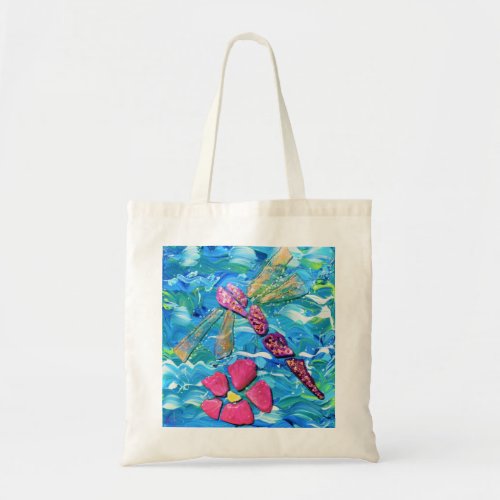 Dragonfly Sea Glass Mix Media Collage Tote Bag