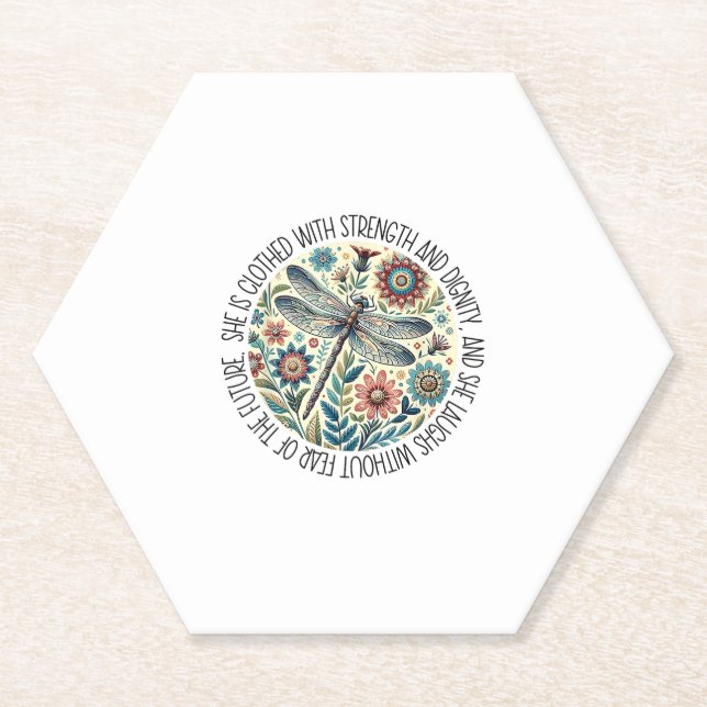 Dragonfly She Is Clothed With Strength & Dignity T Paper Coaster (Front)