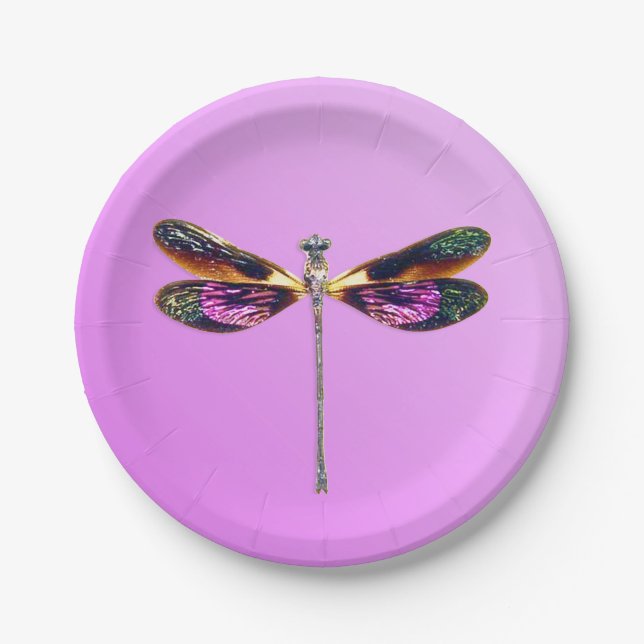 Dragonfly - silver, gold, purple on violet paper plates (Front)