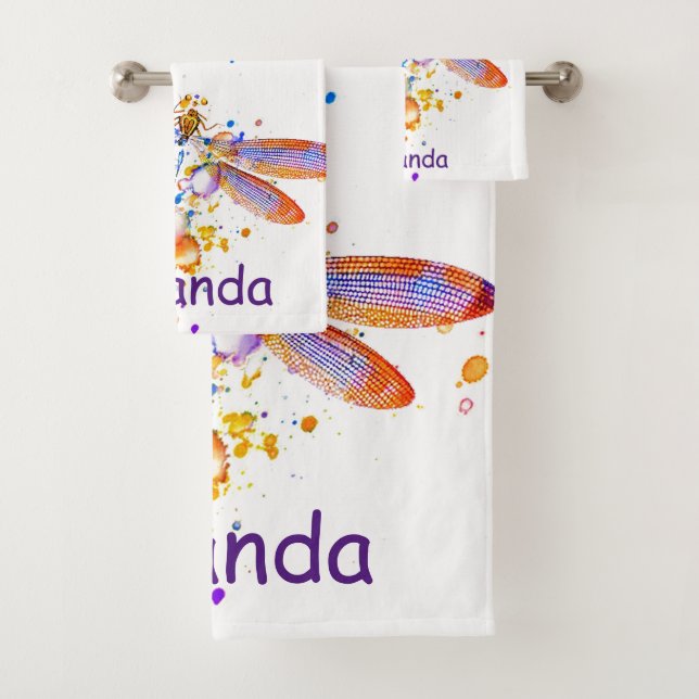 Dragonfly splatter personalized bath towel set (Insitu)