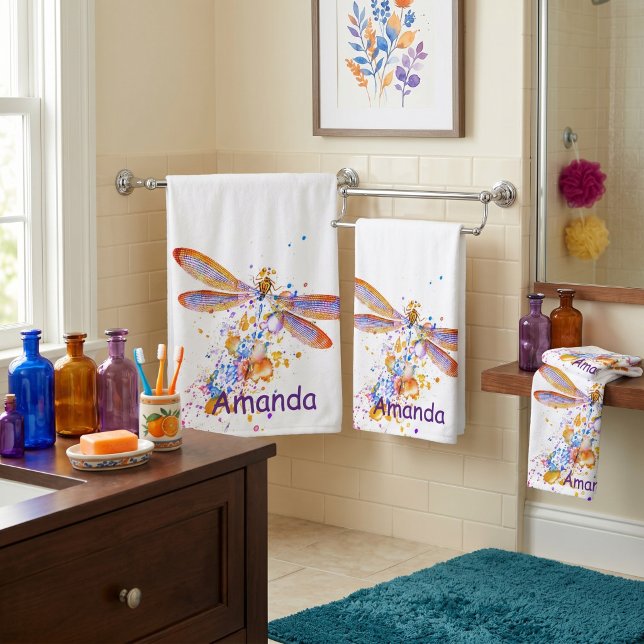 Dragonfly splatter personalized bath towel set (Creator Uploaded)